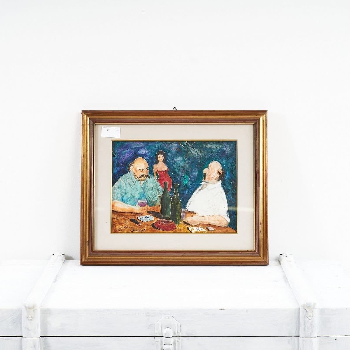 Female Portrait Painting In A Golden Frame, Card Players, 1970s