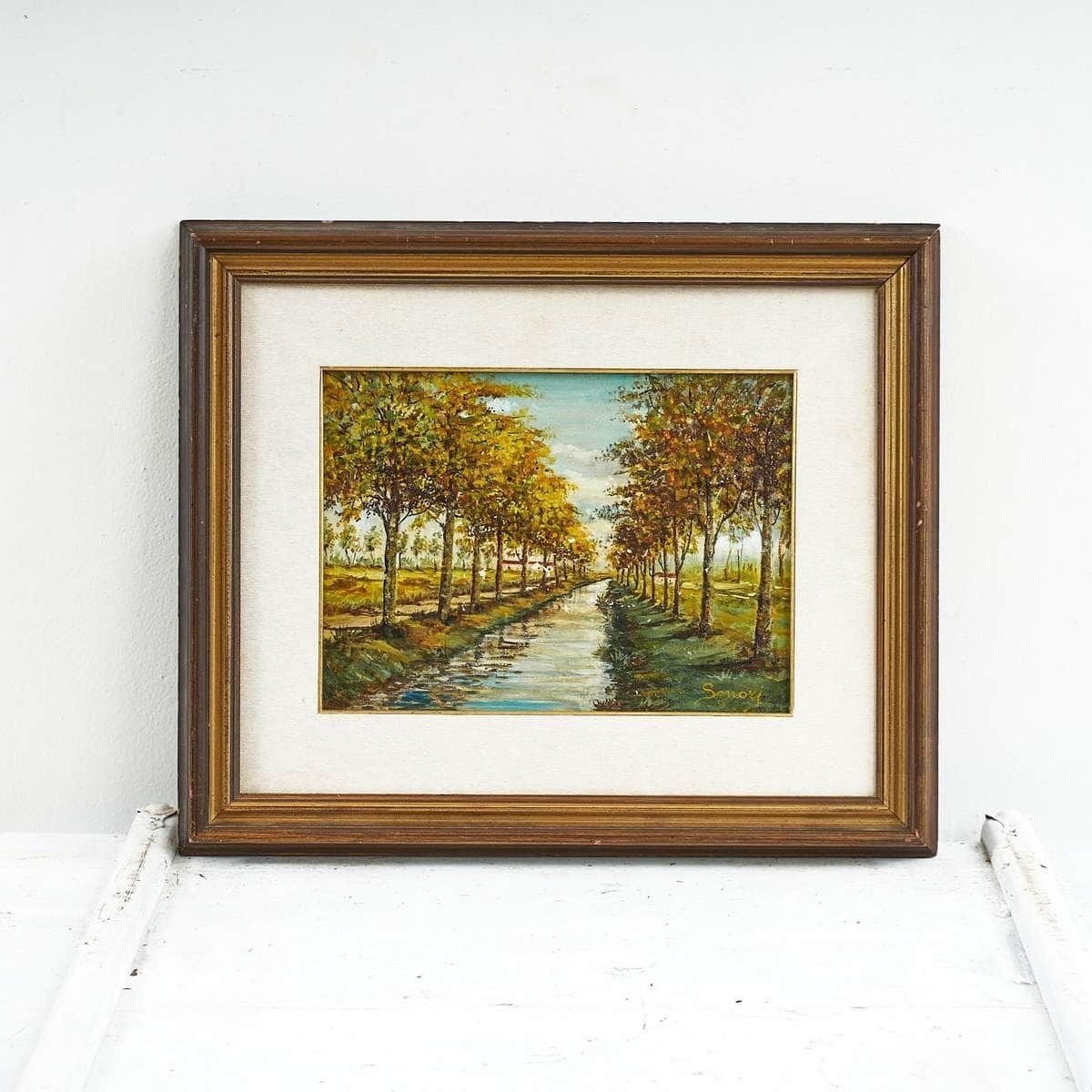 Oil On Vintage Canvas, Tree Lined Avenue Along The Canal.