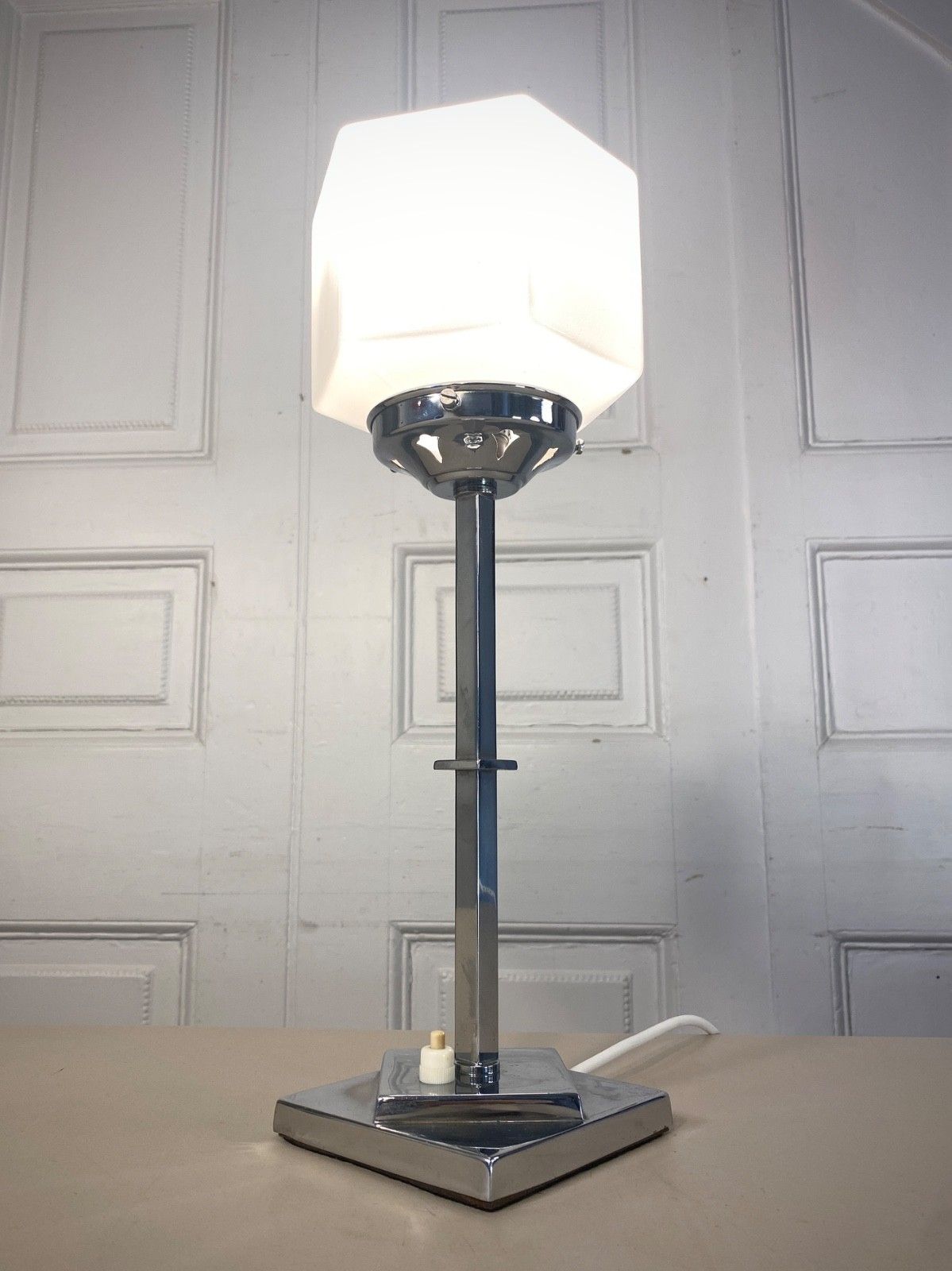 Original Art Deco Chrome With White Opaline Glass Globe Desk, Table Lamp. photo for sale