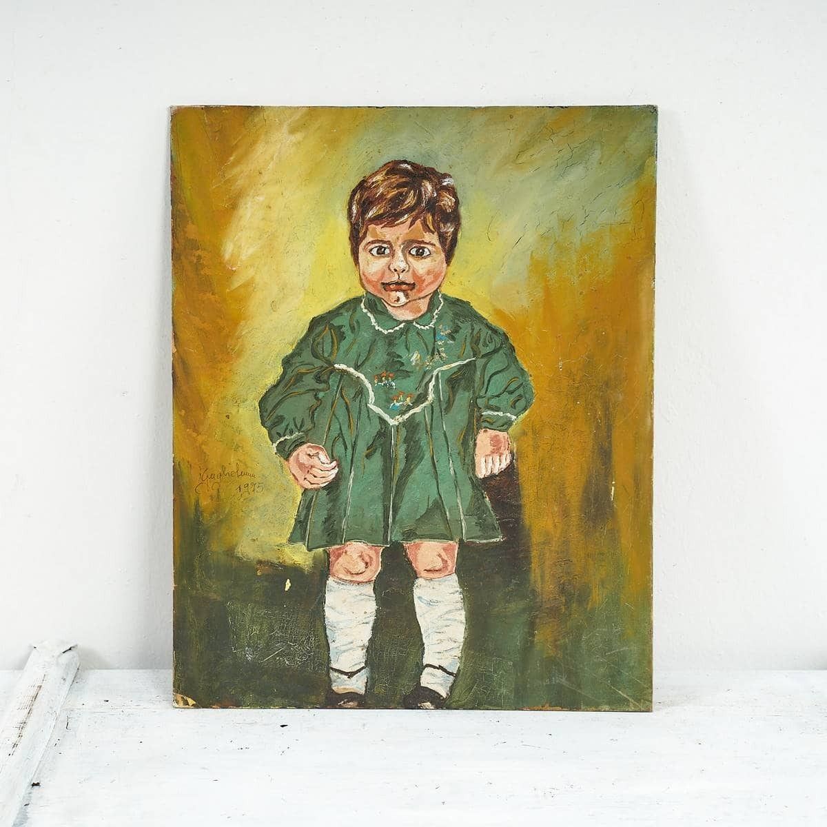 Portrait Of A Little Girl Oil On A Table From The 70s.