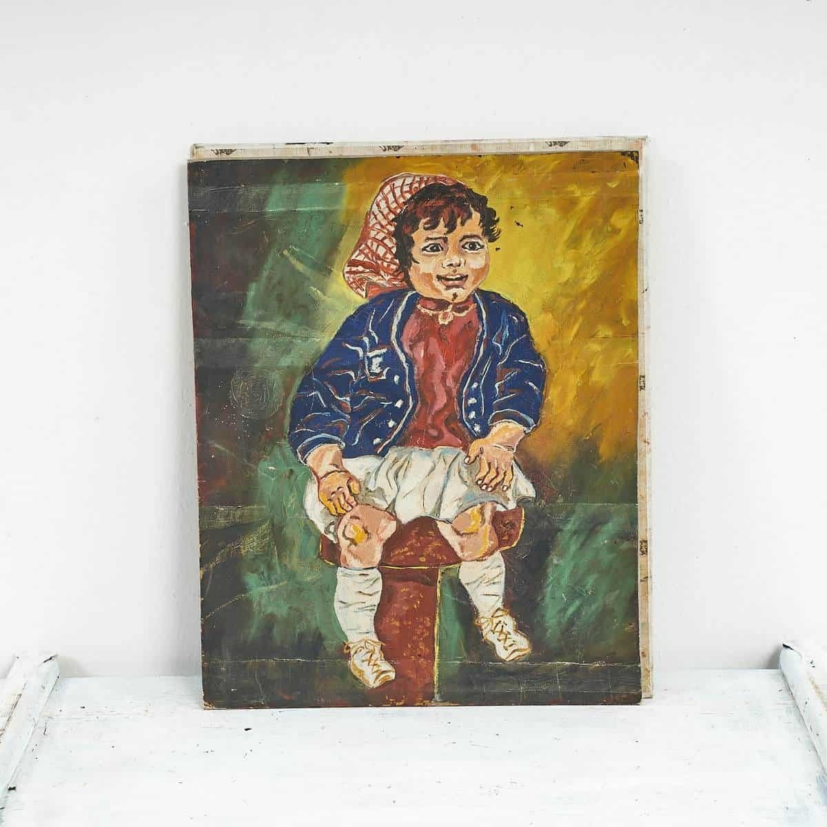 Portrait Of A Little Girl Oil On A Table From The 70s.
