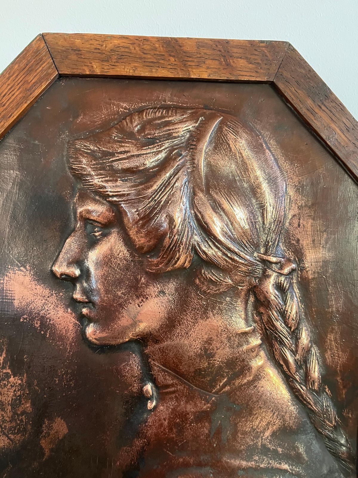 Aesthetic Movement Bronze Plaque Of A Lady In Oak Frame Handmade, Circa 1875 photo for sale