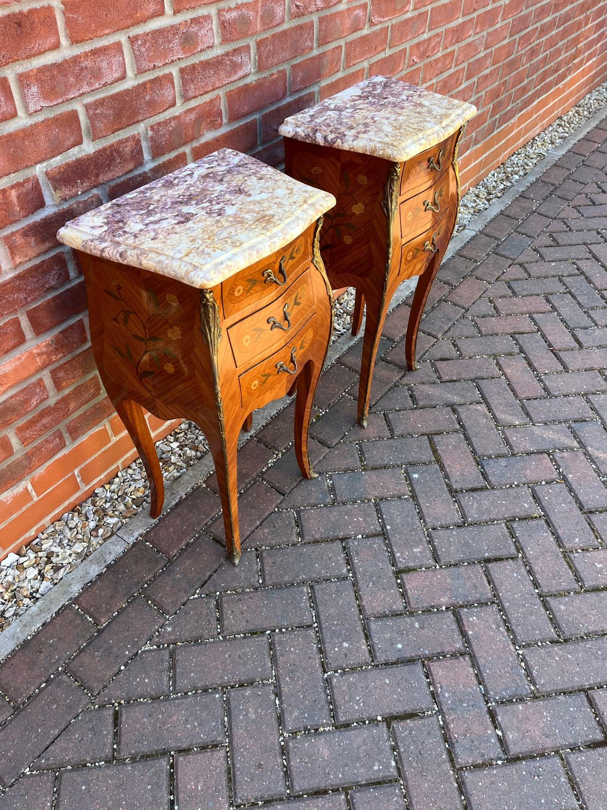 Pair Antique Bedside Cabinets Bombe Shape 3 Drawer Kingwood , France Ca 1900 photo Furniture