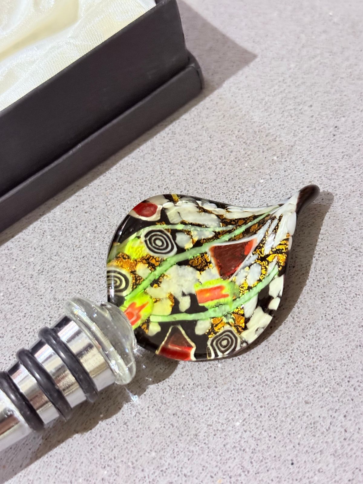 417.0 Murano Art Glass Bottle Stopper, Hand Blown Venetian Millefiori & Gold Aventurin photo