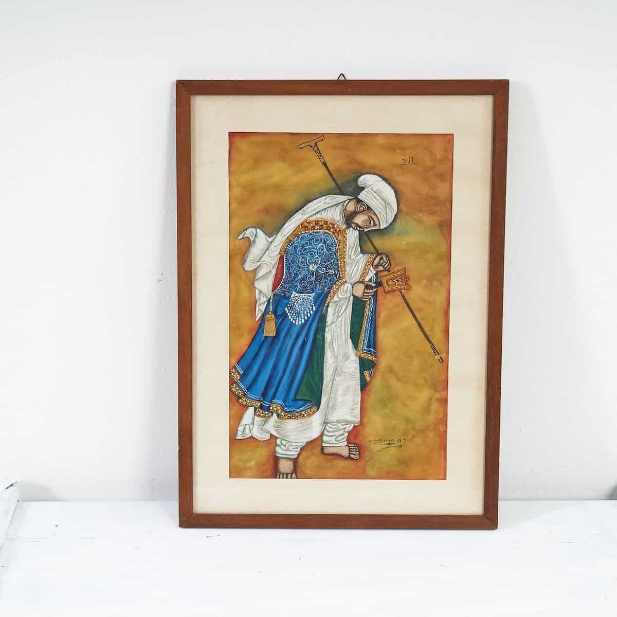 Refined Antique Illustration With Figure In Blue, 1970s