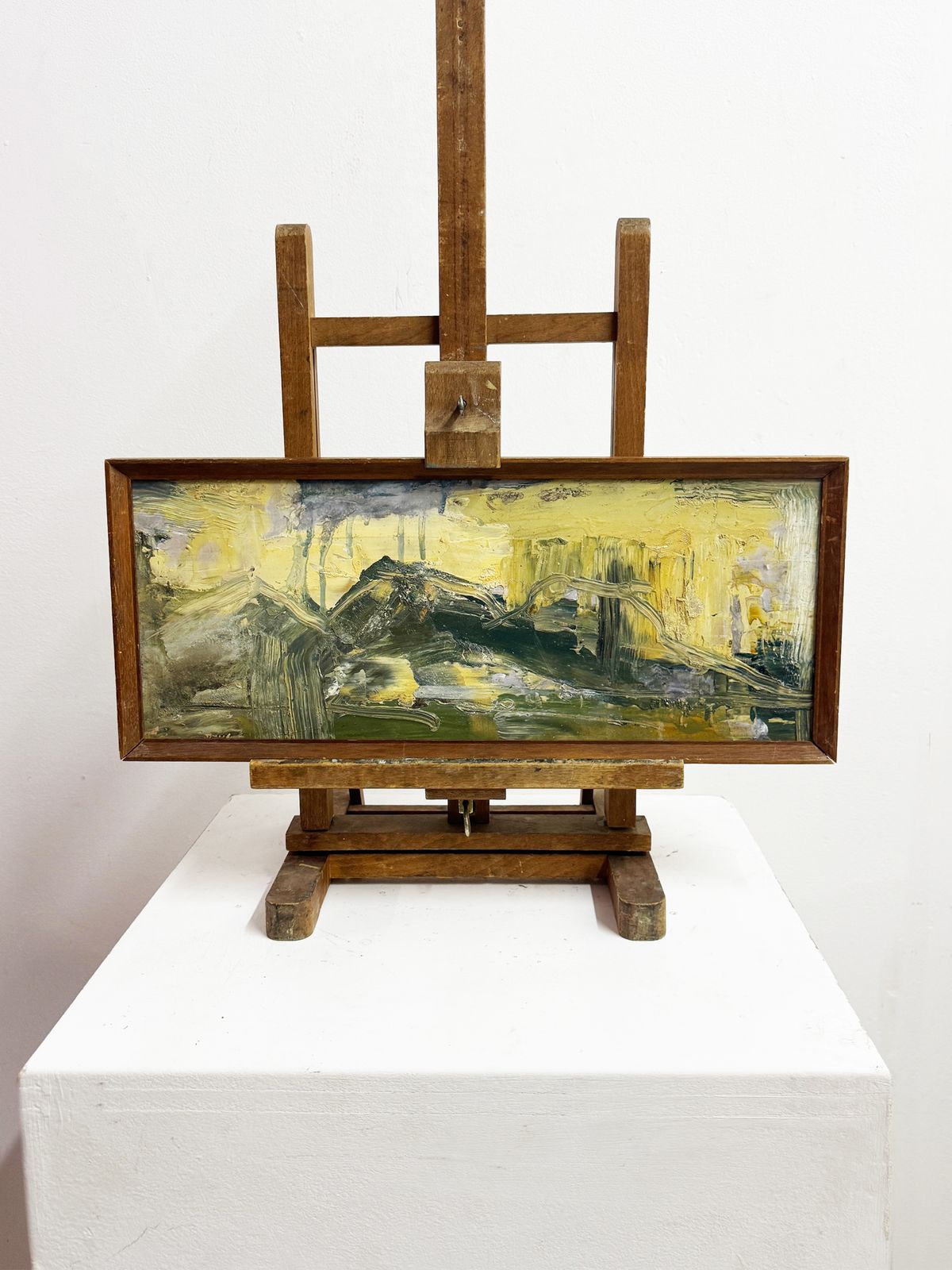 Mid Century Vintage Green Abstract Landscape Impasto Textured Oil Painting photo furniture