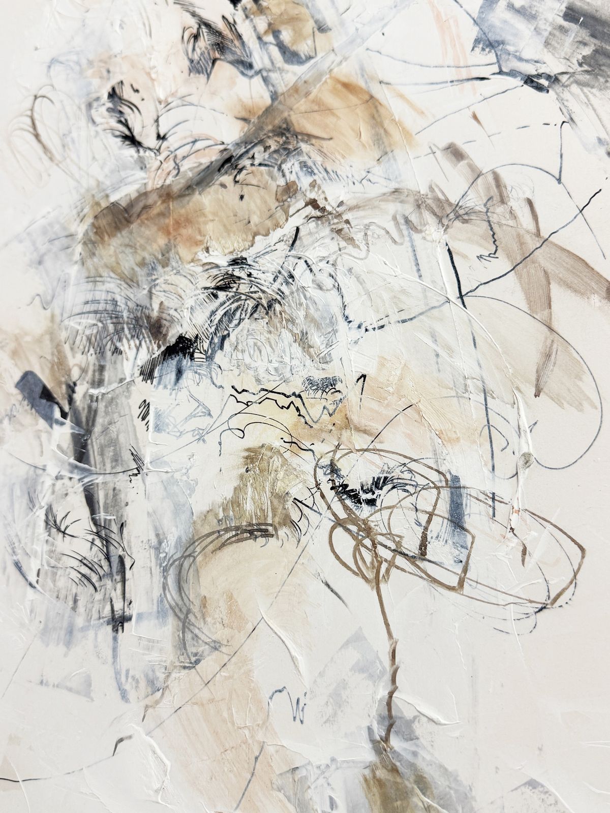 Mid Century Abstract Expressionist White Frame Oil Ink Mixed Media Painting photo for sale