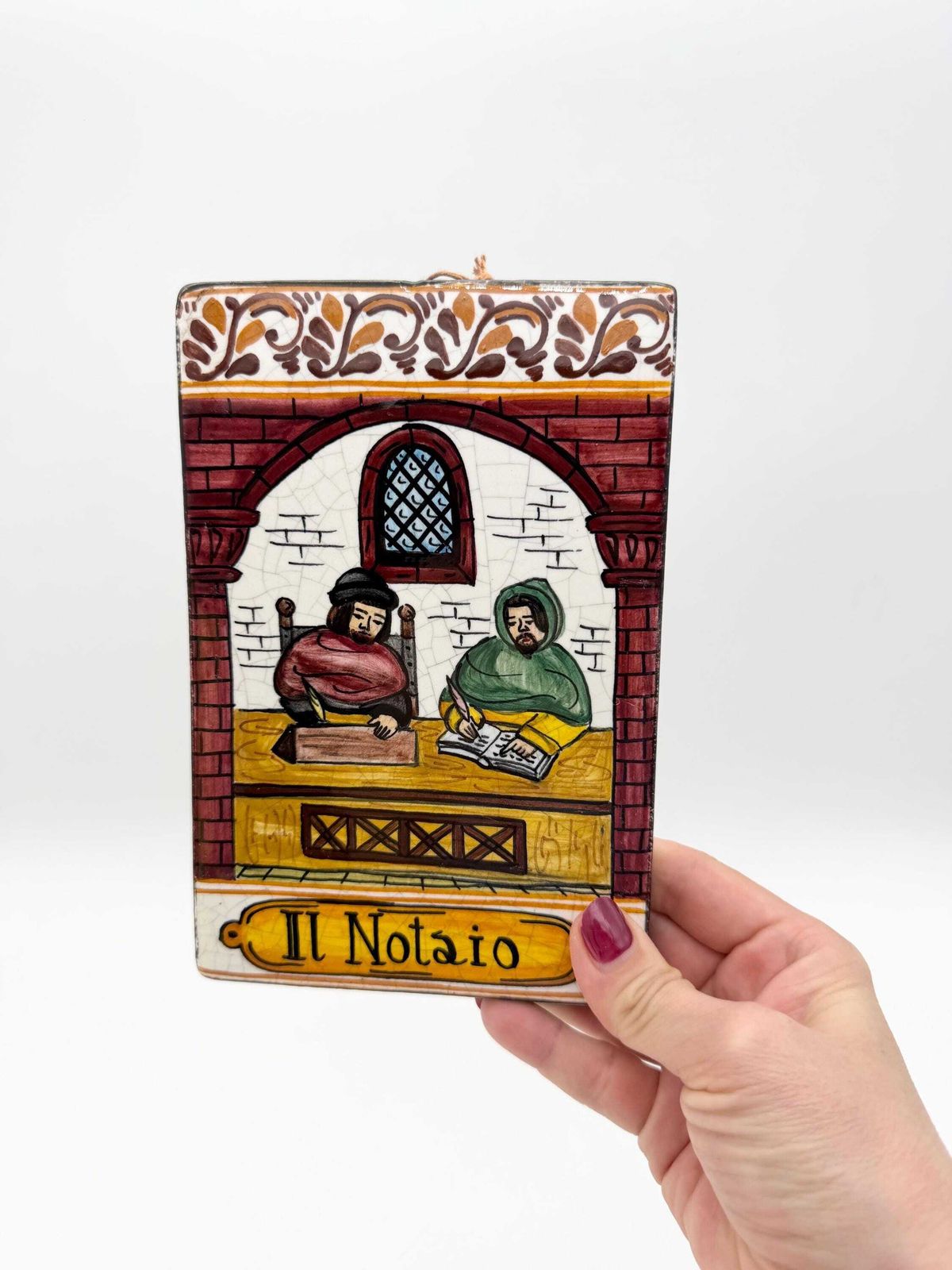 Vintage Deruta Hand Painted Italian Ceramic Tile, Medieval Notary Scene Wall Plaque
