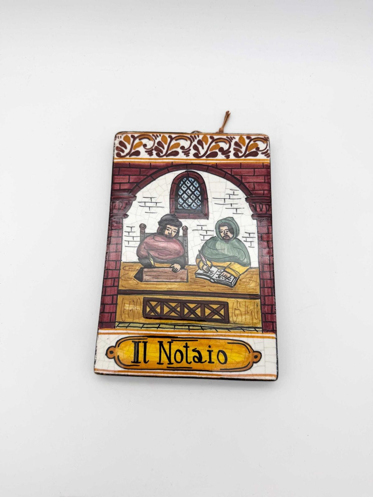 Vintage Deruta Hand Painted Italian Ceramic Tile, Medieval Notary Scene Wall Plaque photo furniture
