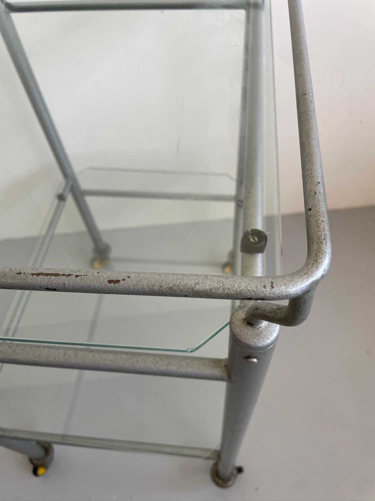 photo furniture Vintage Industrial Or Medical Tubular Metal Trolley With Glass Shelves