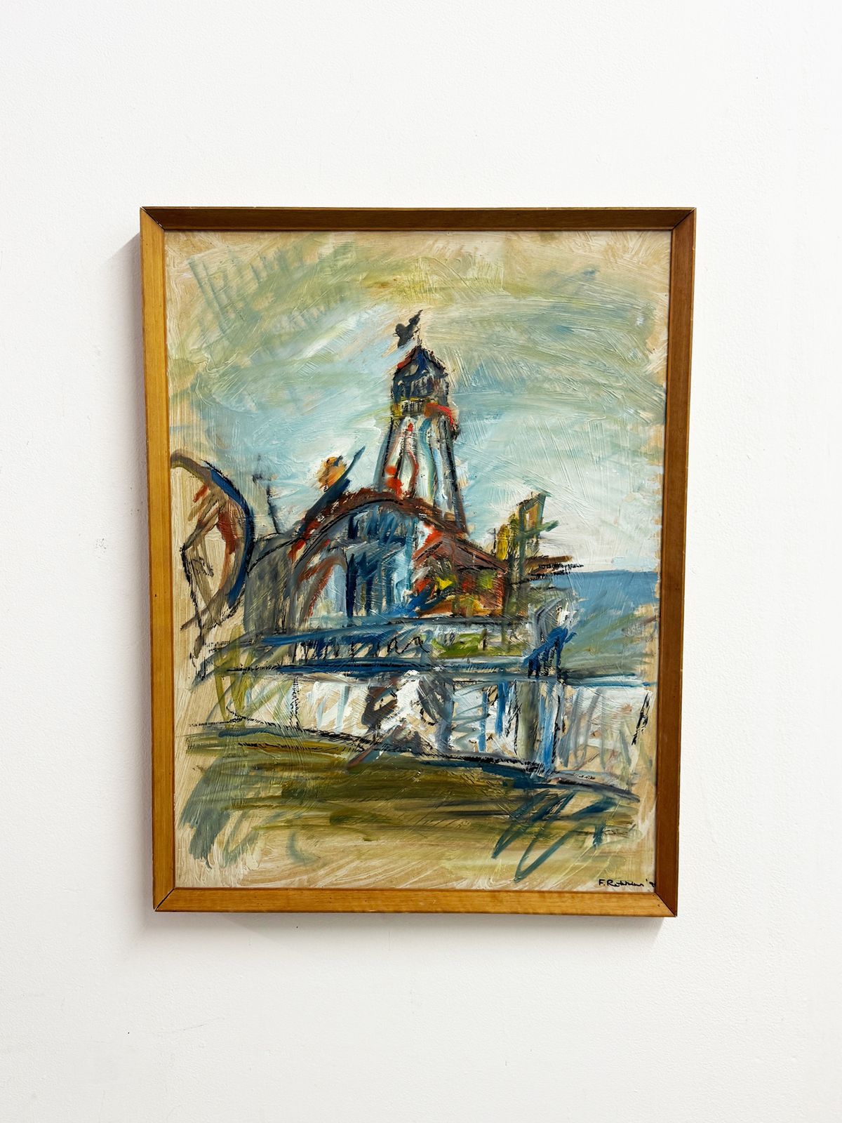 Mid Century Style Expressionist Coastal Fairground Oil Painting Signed F. Robbins