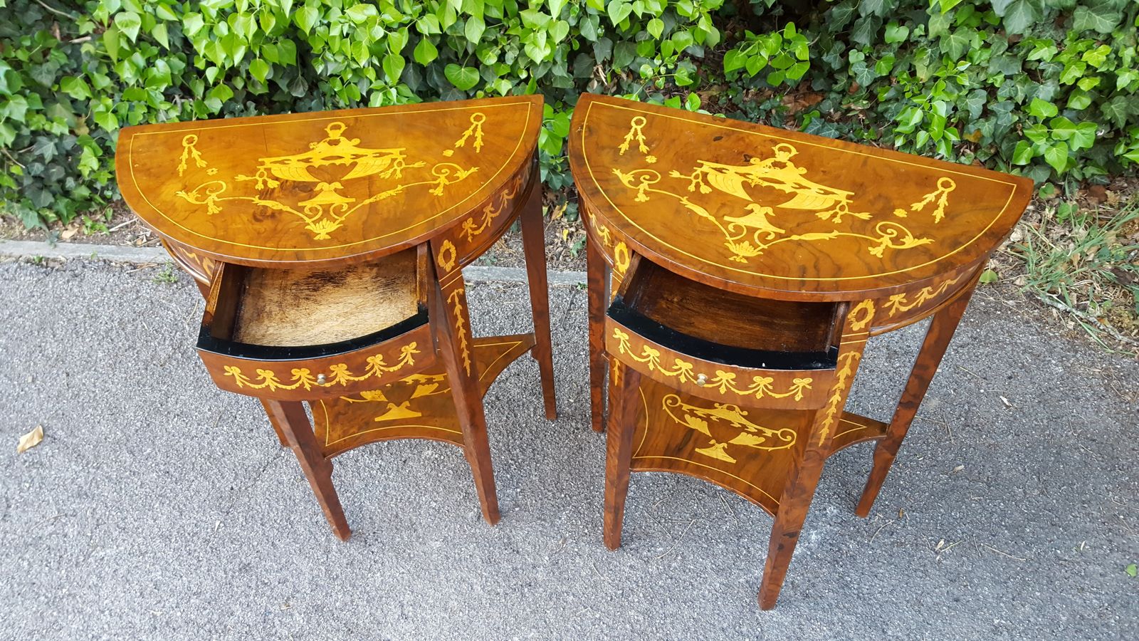 Matching Pair Of Walnut Single Drawer Demi Lune Hall Tables photo for sale