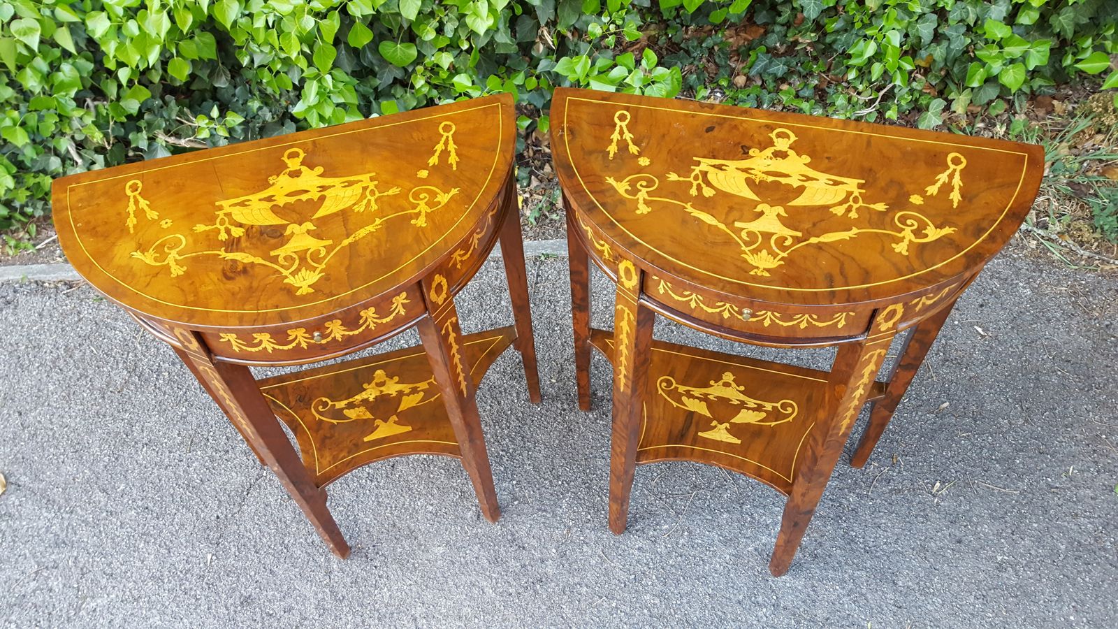 Matching Pair Of Walnut Single Drawer Demi Lune Hall Tables photo Furniture