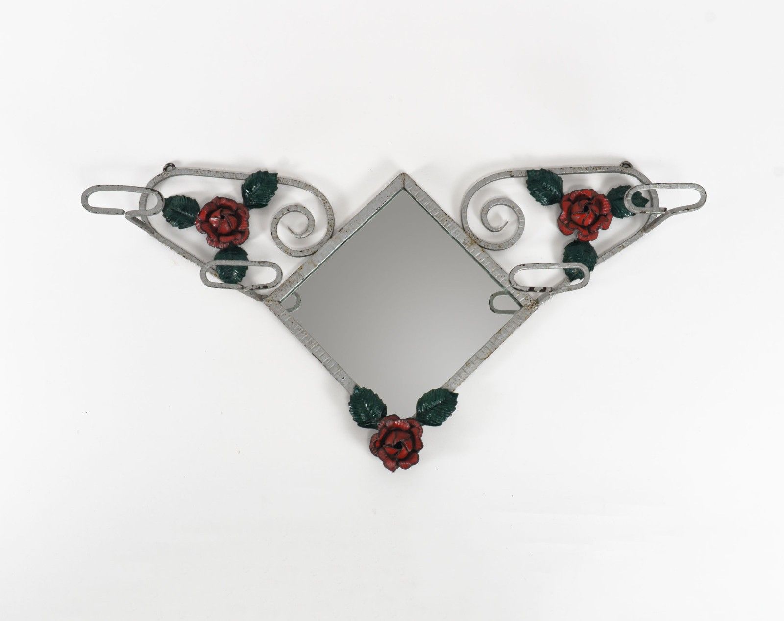 Antique 1930s French Wrought Iron Coat Rack Hall With Painted Rose Decoration