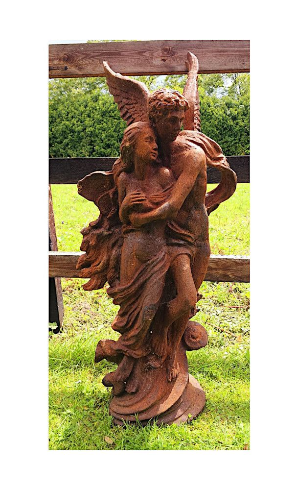 A Very Fine 20th Century Cast Iron Figurative Garden Sculpture Of Cupid And Psyche photo for sale