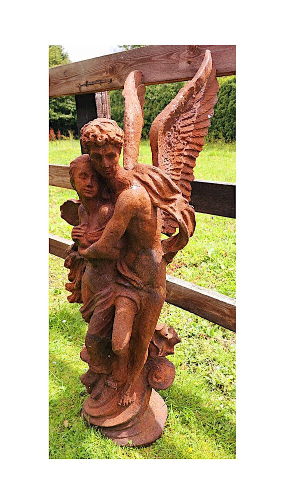 A Very Fine 20th Century Cast Iron Figurative Garden Sculpture Of Cupid And Psyche photo Art
