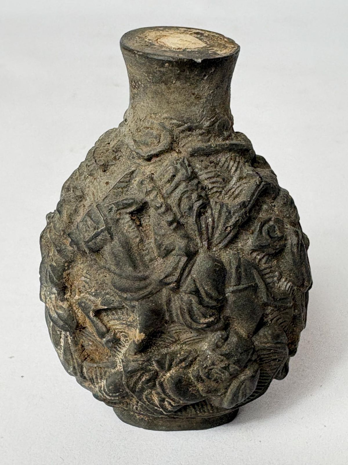 Snuff Bottle   Chinese – Patinated Metal Relief Immortals Scene (Qing/Republic Style)