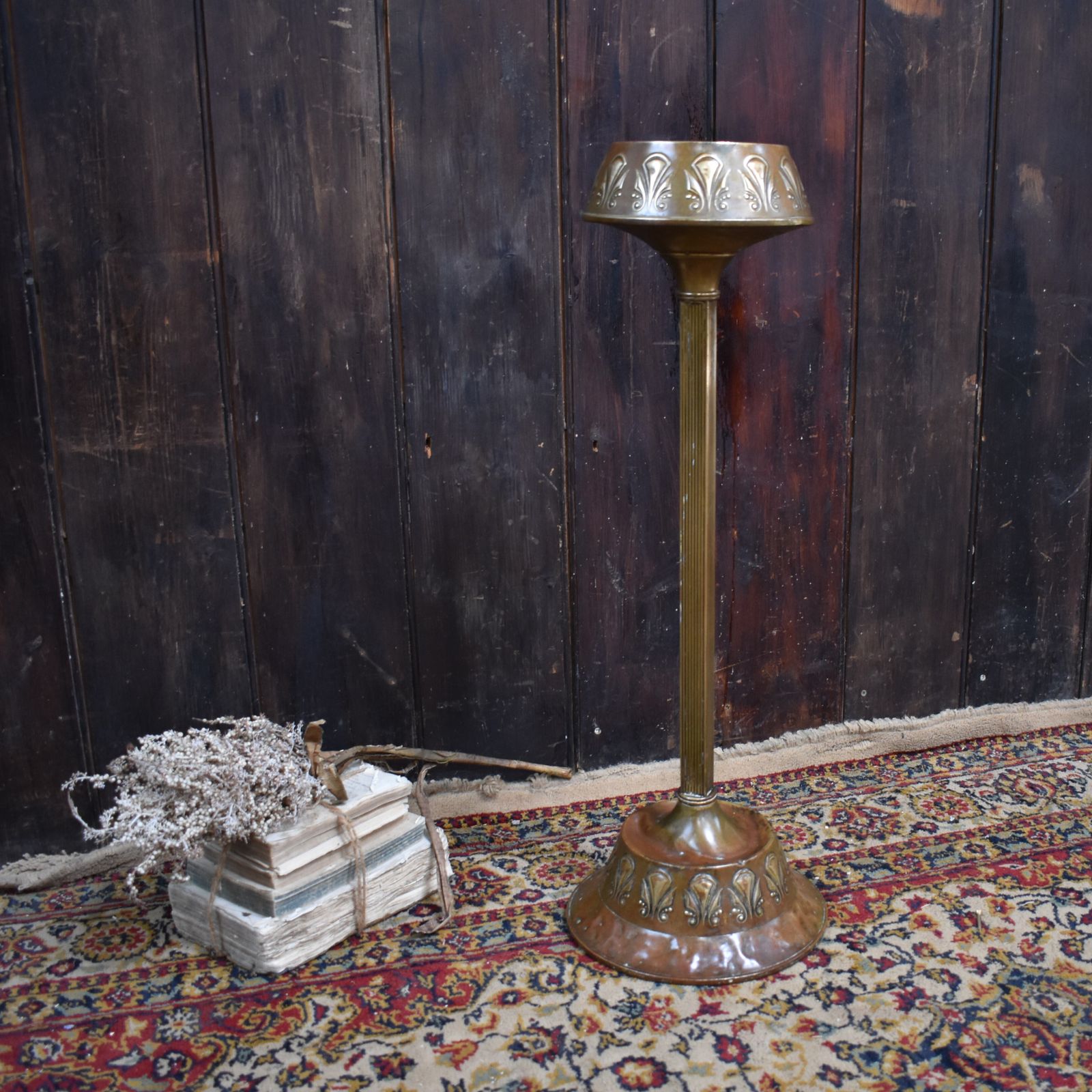 photo for sale Antique Royal Daalderop Holland Kmd Repousse Brass Column Jardiniere Plant Stand