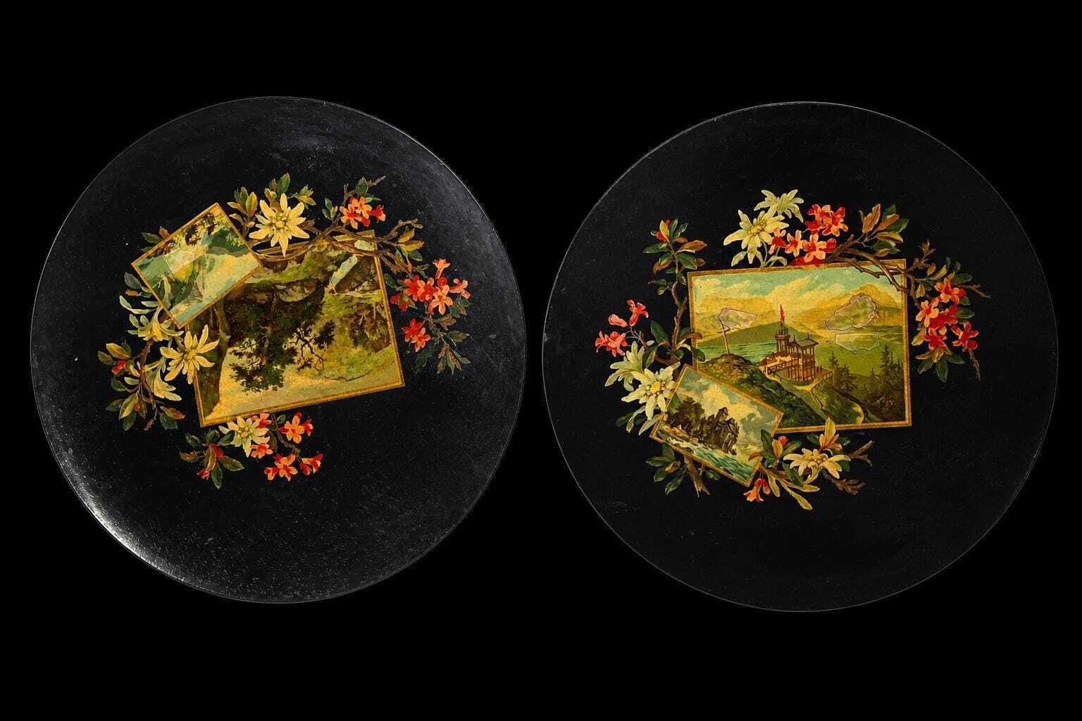 Antique Napoleon III Papier Mâché Lacquer Plates/Plaques Pair Hand Painted French Wall Decor Victorian Catchall, Black Lacque Floral Scenic photo 323.0