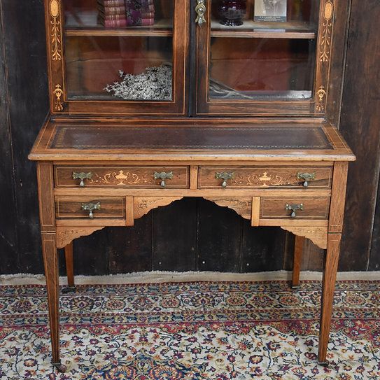 Antique Exquisite Inlaid Rosewood Satinwood Glazed Bookcase Leather Insert Desk photo Furniture
