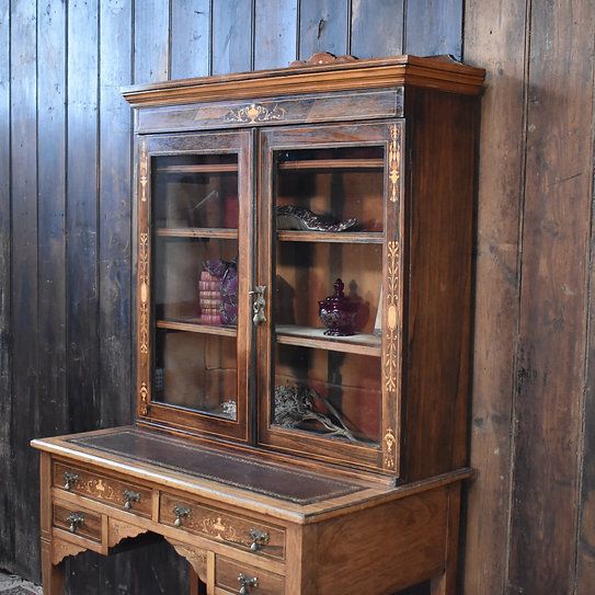 Antique Exquisite Inlaid Rosewood Satinwood Glazed Bookcase Leather Insert Desk photo 795.0