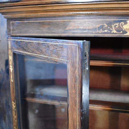 Antique Exquisite Inlaid Rosewood Satinwood Glazed Bookcase Leather Insert Desk photo vinterior