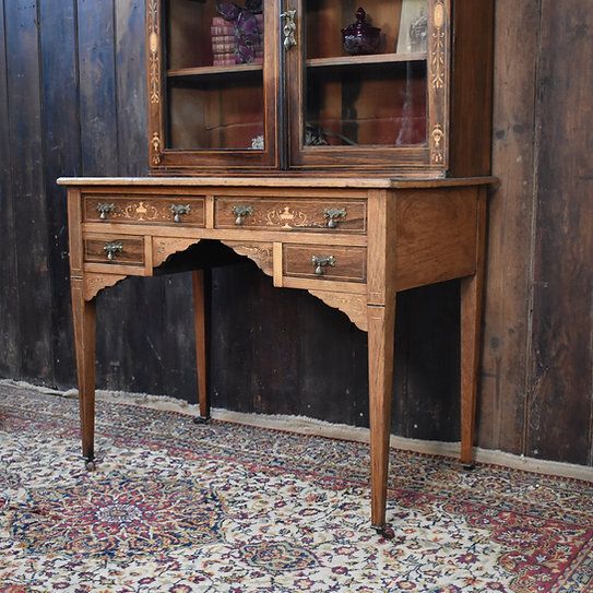 photo vintage Antique Exquisite Inlaid Rosewood Satinwood Glazed Bookcase Leather Insert Desk