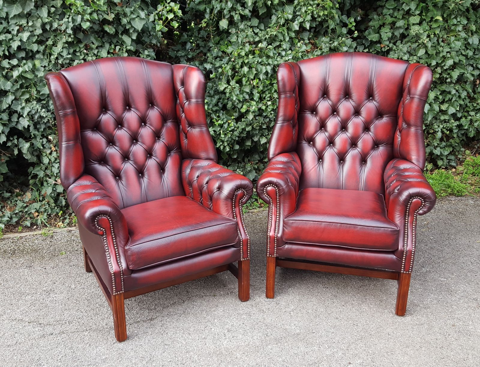 Matching Pair Of Mahogany Red Leather Chesterfield Wingback Armchairs photo 1095.0
