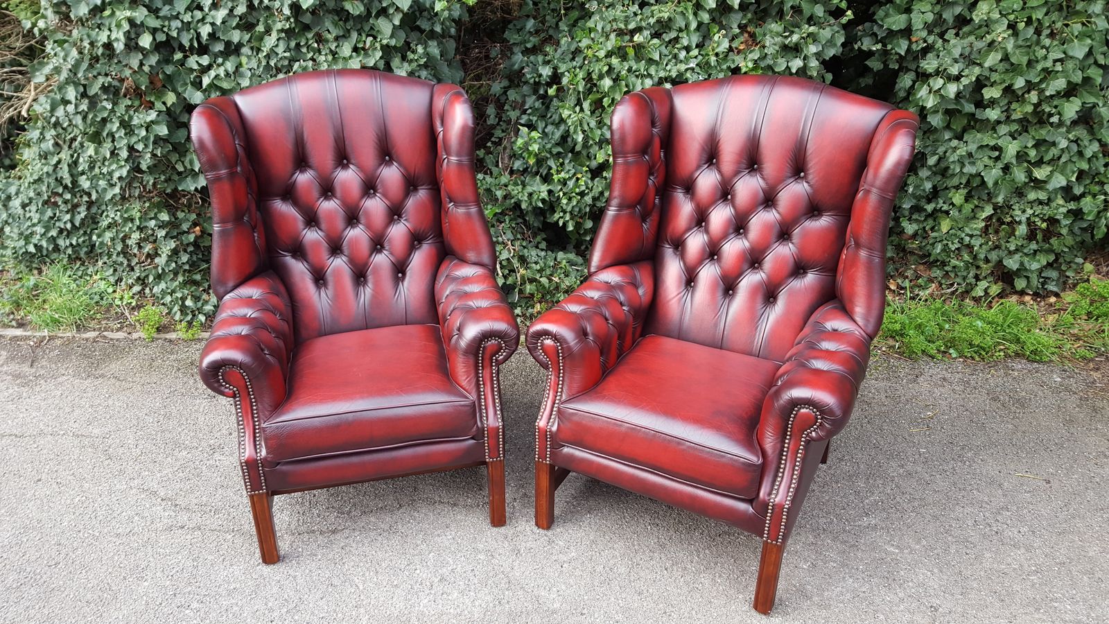Matching Pair Of Mahogany Red Leather Chesterfield Wingback Armchairs photo vintage