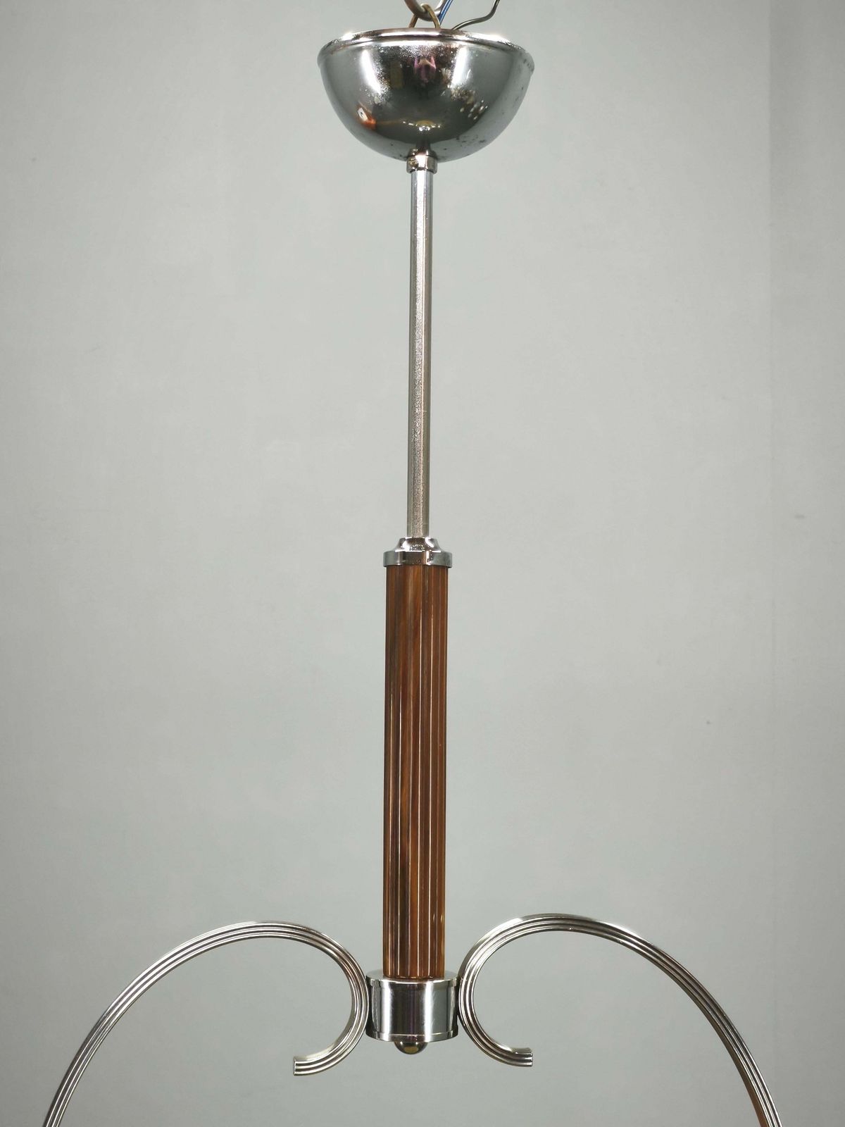 photo for sale 1930s Czech Art Deco Chrome And Frosted Glass Chandelier