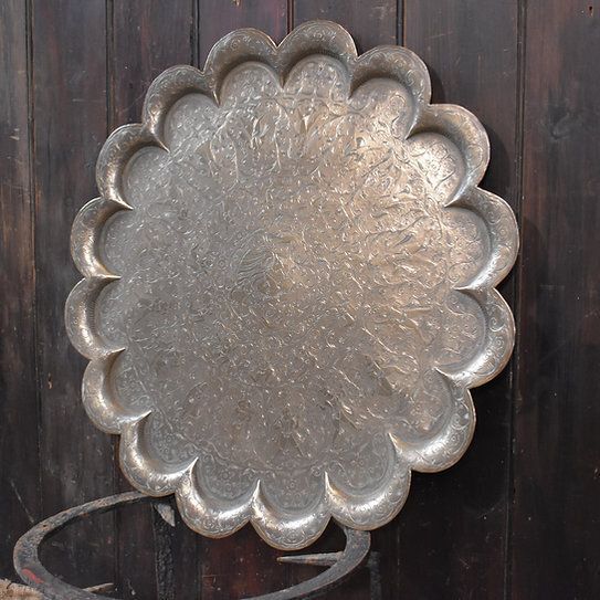 Antique Indian Kashmir Hand Engraved Scalloped Brass Wrought Iron Side Tea Table photo for sale