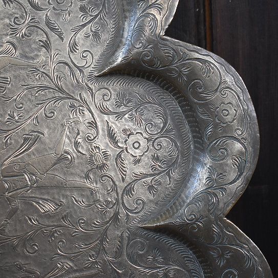 Antique Indian Kashmir Hand Engraved Scalloped Brass Wrought Iron Side Tea Table photo vintage