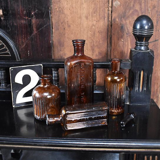 Antique Victorian Apothecary Not To Be Taken Poison Brown Glass Bottle Set Of 4 photo furniture