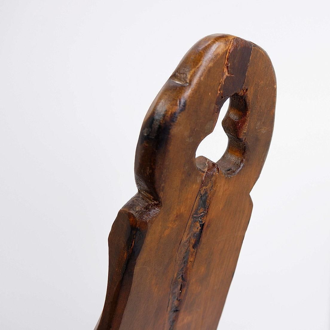 Primitive French Wooden Carved Tripod Chair, Wabi Sabi Style, Early 20th Century photo vinterior