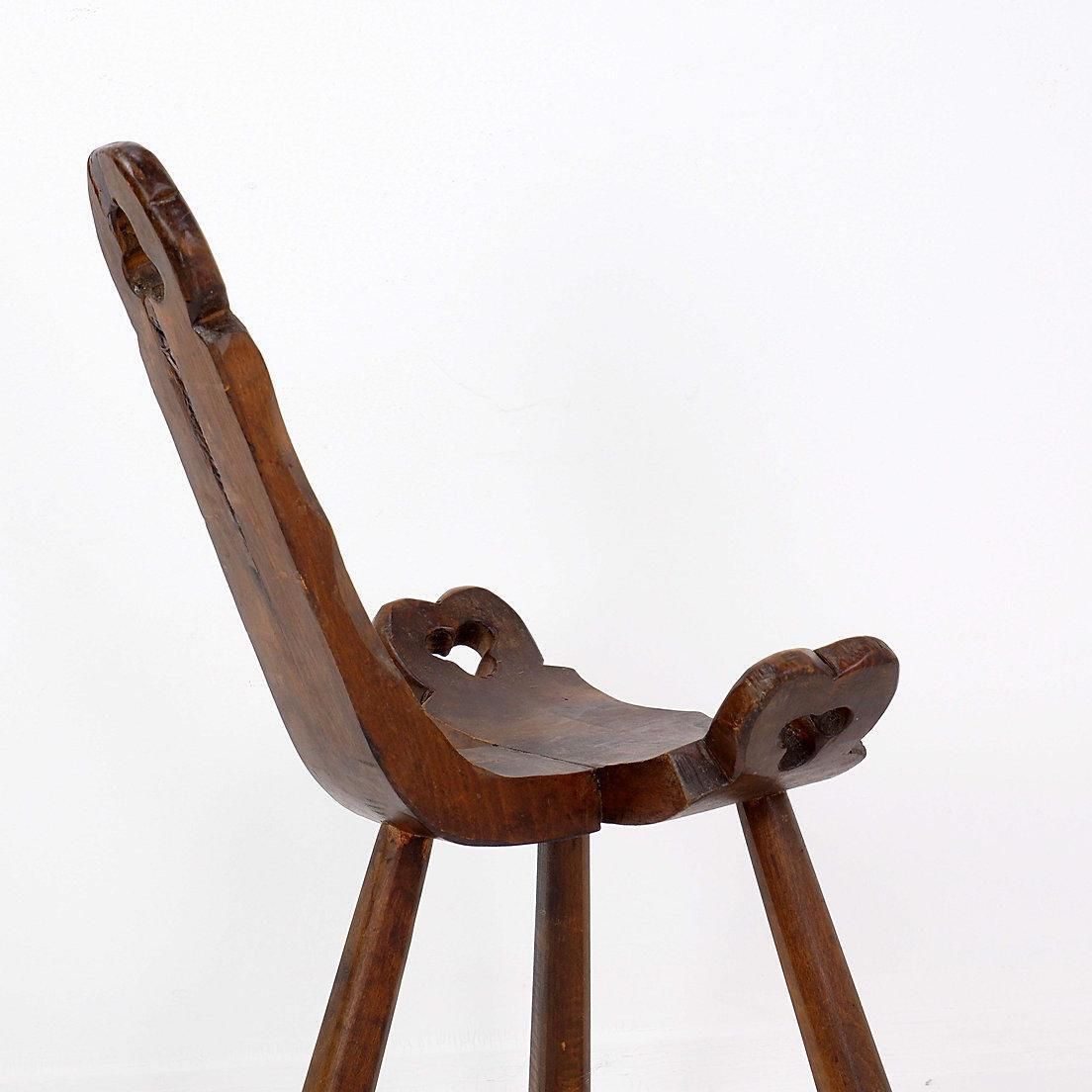 photo for sale Primitive French Wooden Carved Tripod Chair, Wabi Sabi Style, Early 20th Century