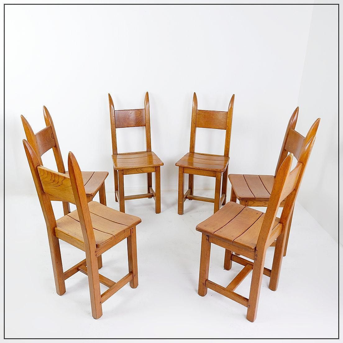 1638.0 Set Of Six Vintage Oak Brutalist Chairs From The 1970s photo