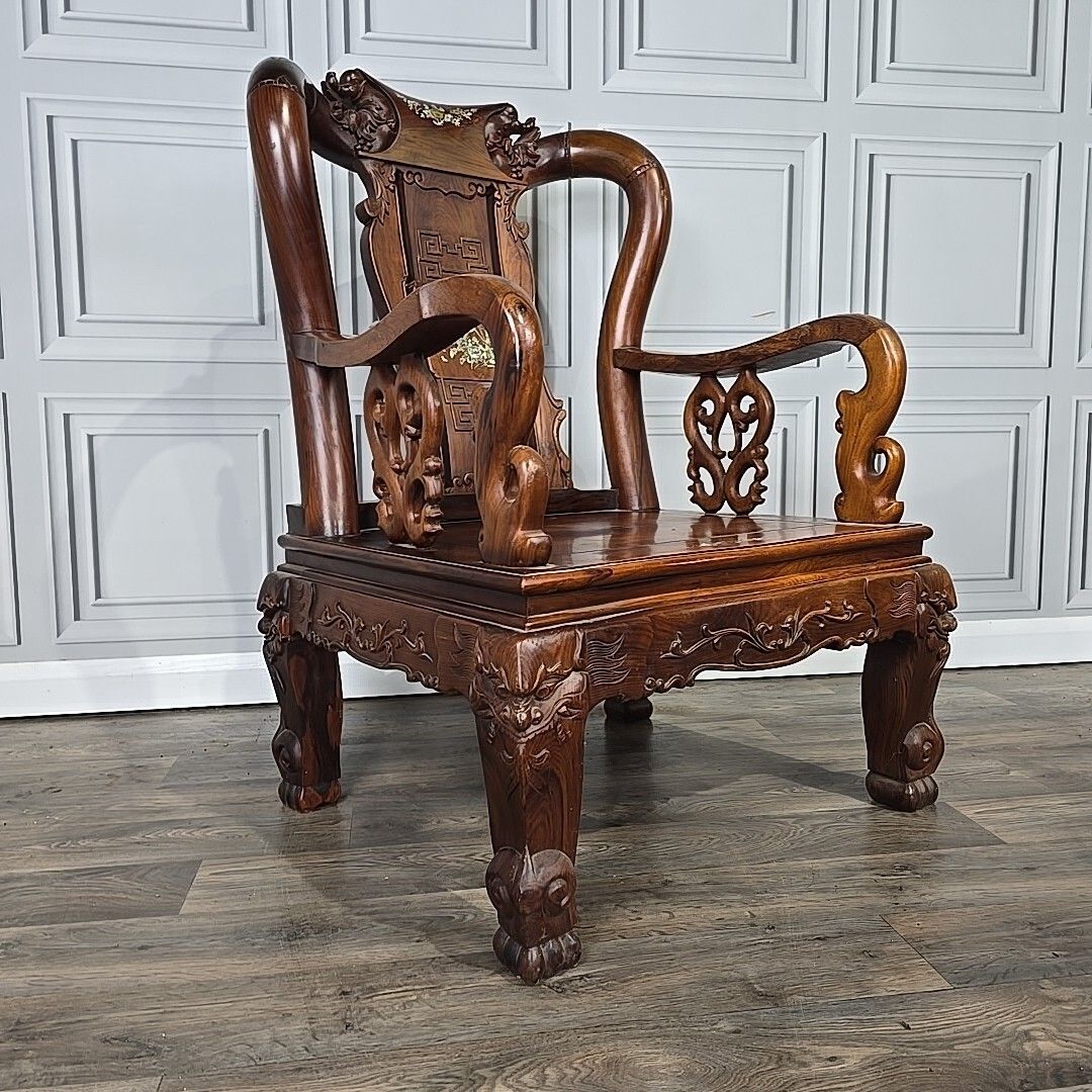 Antique Chinese Arm Chair Oriental Carved Heavy Rosewood Throne Mother Pearl photo furniture