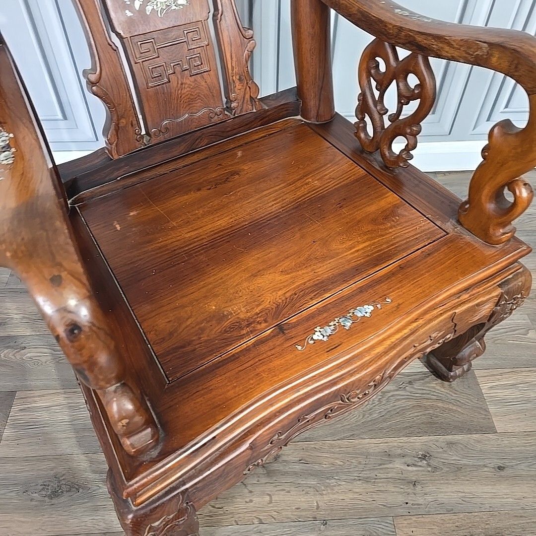 Antique Chinese Arm Chair Oriental Carved Heavy Rosewood Throne Mother Pearl photo vinterior