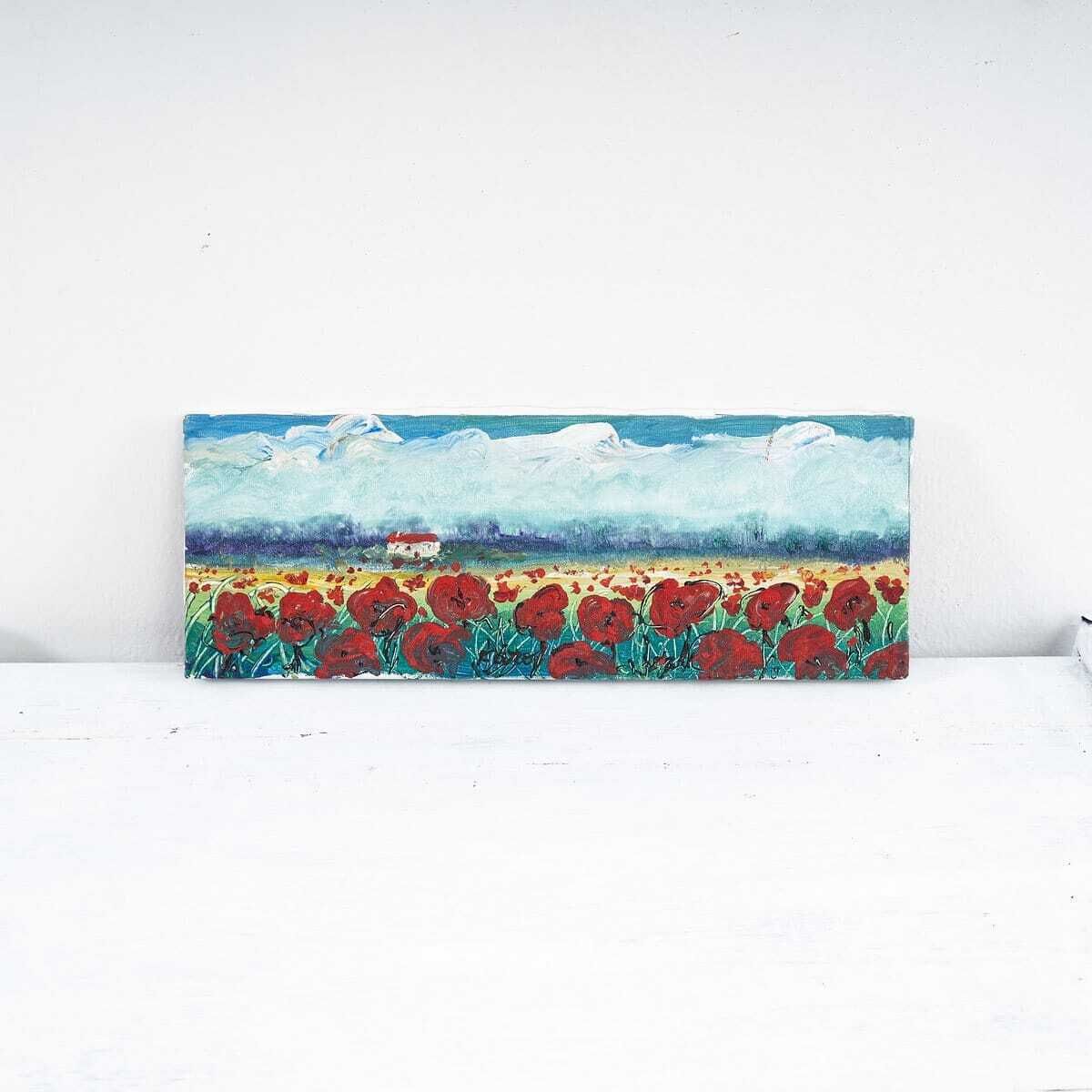 Oil On Vintage Canvas, Field Of Flowers