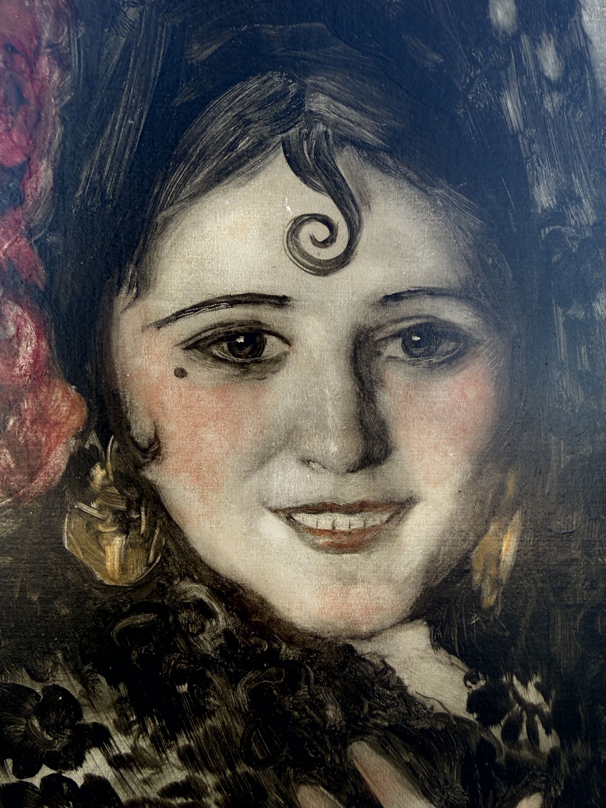 Daniel Sabater Y Salabert, dame espagnole à la mantille et à l'œillet rouge, portrait à l'huile, 1929, art européen photo Art