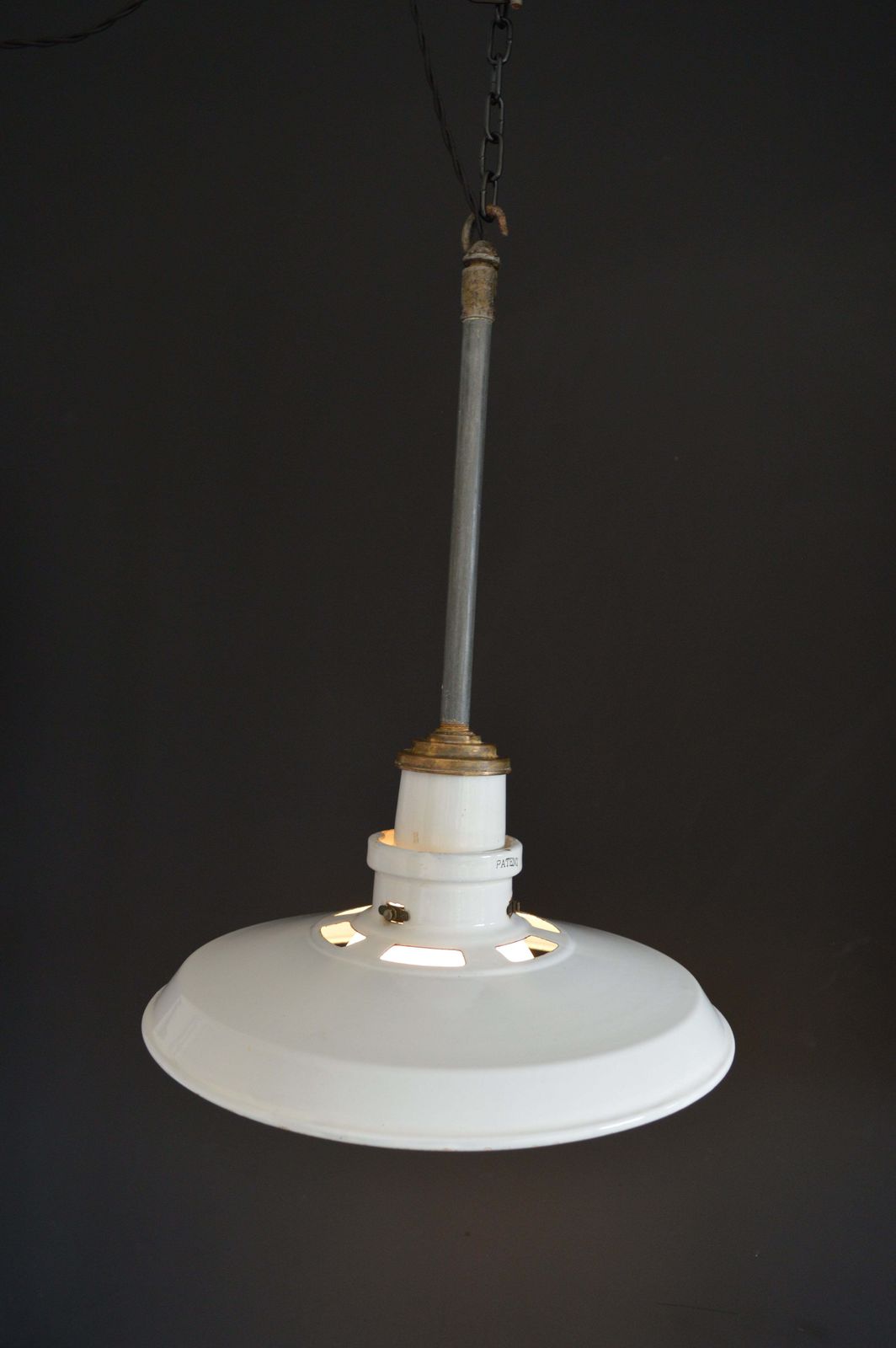 Pair Of 1940s Thorlux Industrial White Enamel Pendant Lights With Opaline Glass Shades photo vintage
