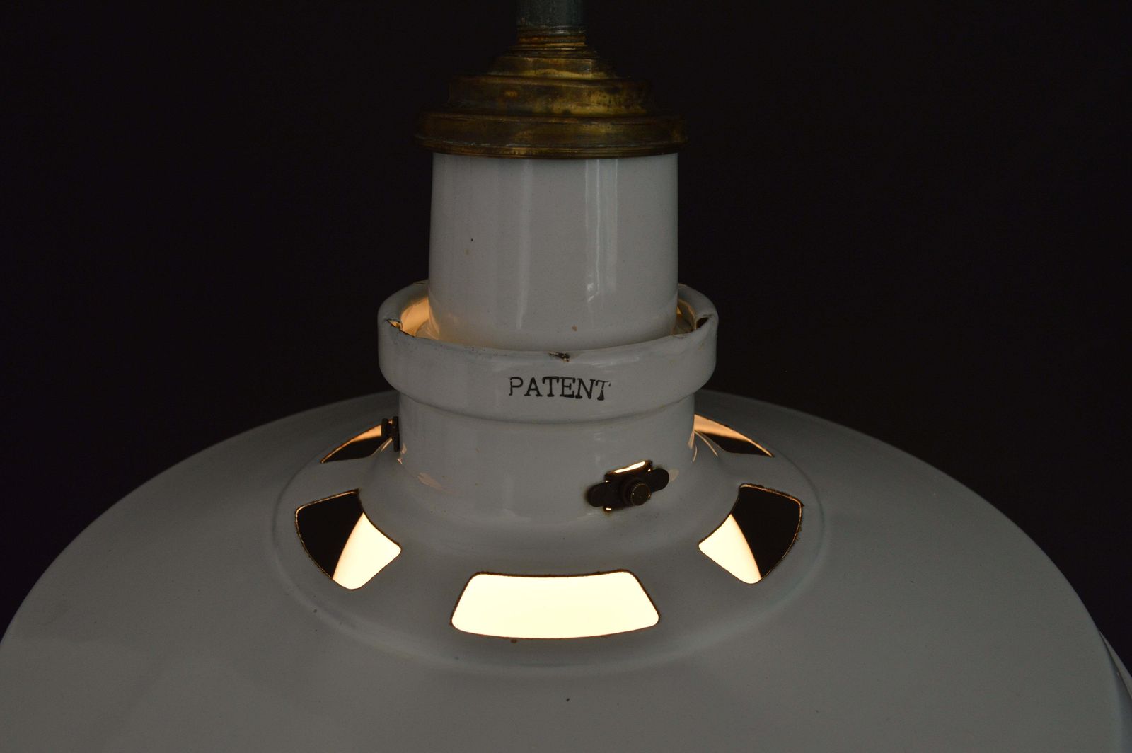 Lighting Pair Of 1940s Thorlux Industrial White Enamel Pendant Lights With Opaline Glass Shades photo