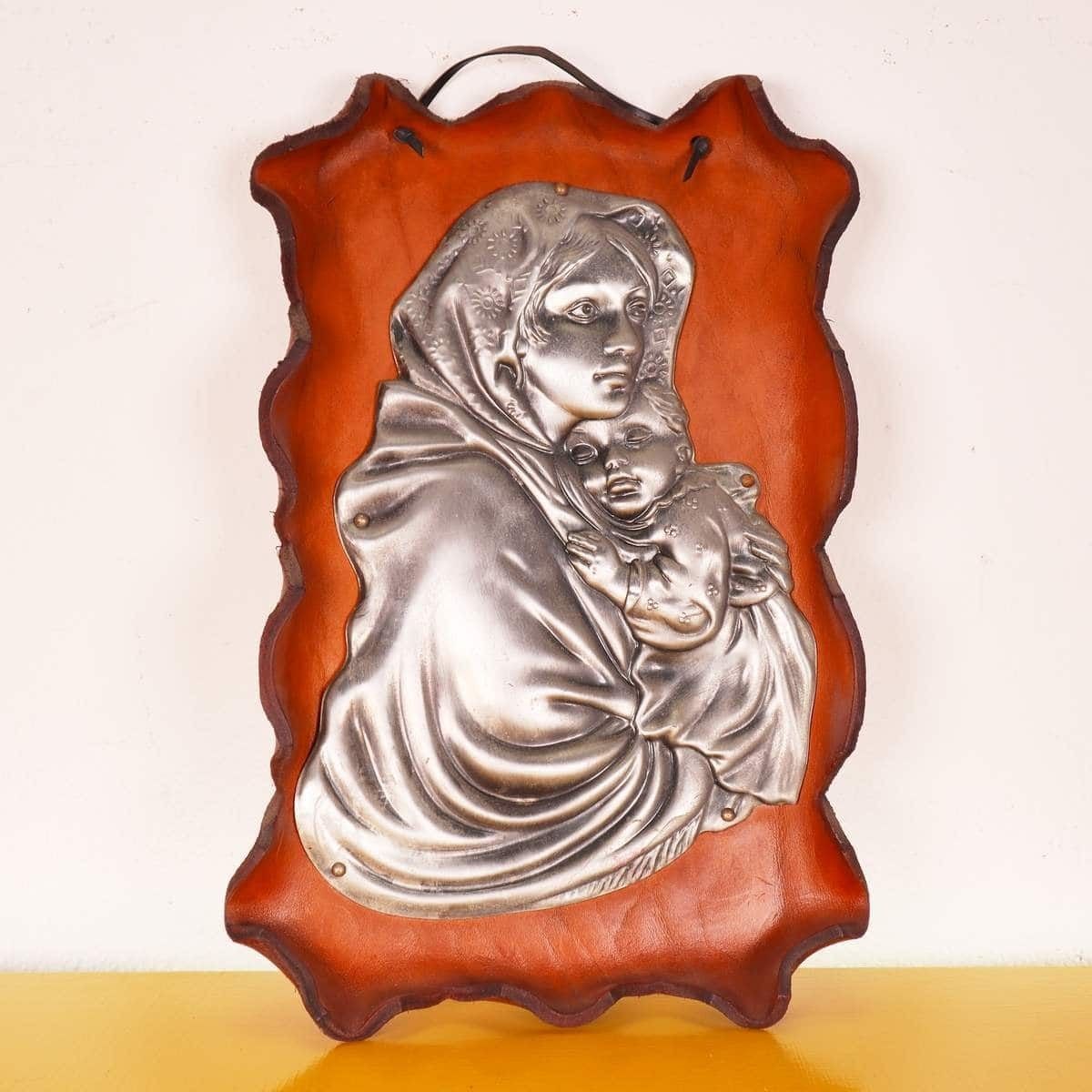 Madonna Icon In Metal And Natural Leather