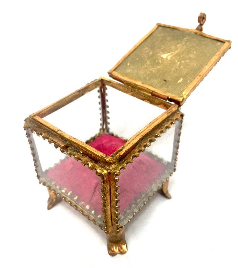 Antique Brussels Souvenir Miniature Casket / Glass Ring Box / Jewellery Box photo vintage