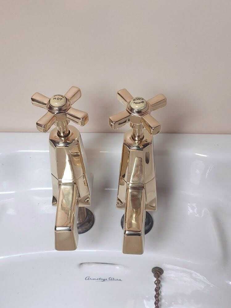 Pair Of Original Art Deco Basin Taps, Polished Brass Sink Faucets, 1920s Basin Taps, Overhauled And Ready To Fit photo buy