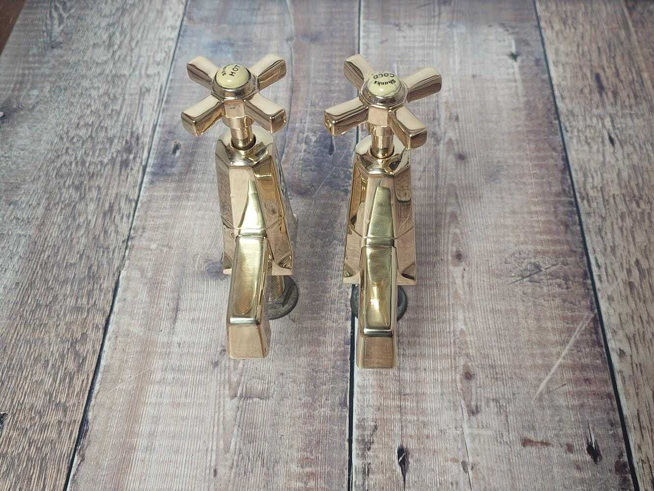 photo vintage Pair Of Original Art Deco Basin Taps, Polished Brass Sink Faucets, 1920s Basin Taps, Overhauled And Ready To Fit