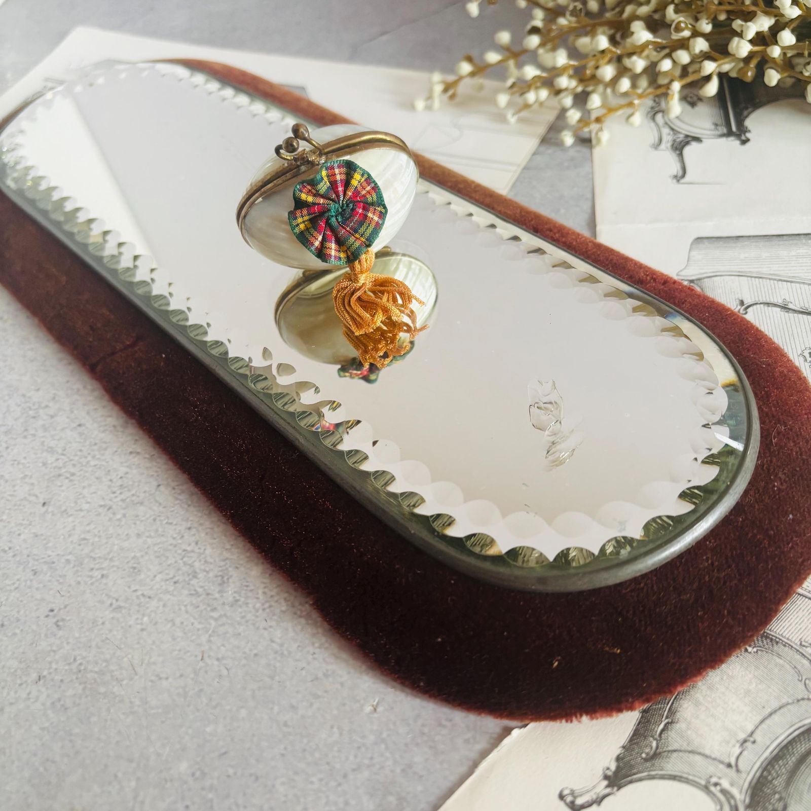 Victorian Sorcerers Mirror Velvet Trimmed | Display Mirror, Witches Plateau photo vintage