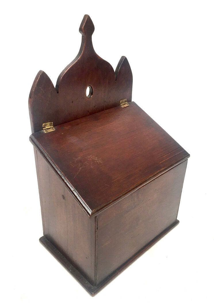 Antique Gothic Revival Wooden Salt / Candle Box / C.1900 Wall Hanging / Tabletop photo vinterior