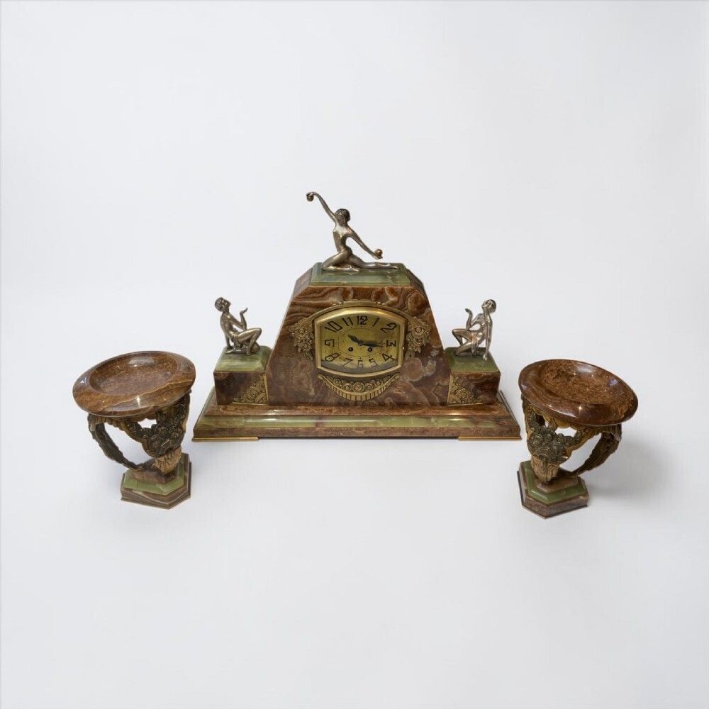 Art Deco French Clock With Its Pair Of Matching Garnitures photo vintage
