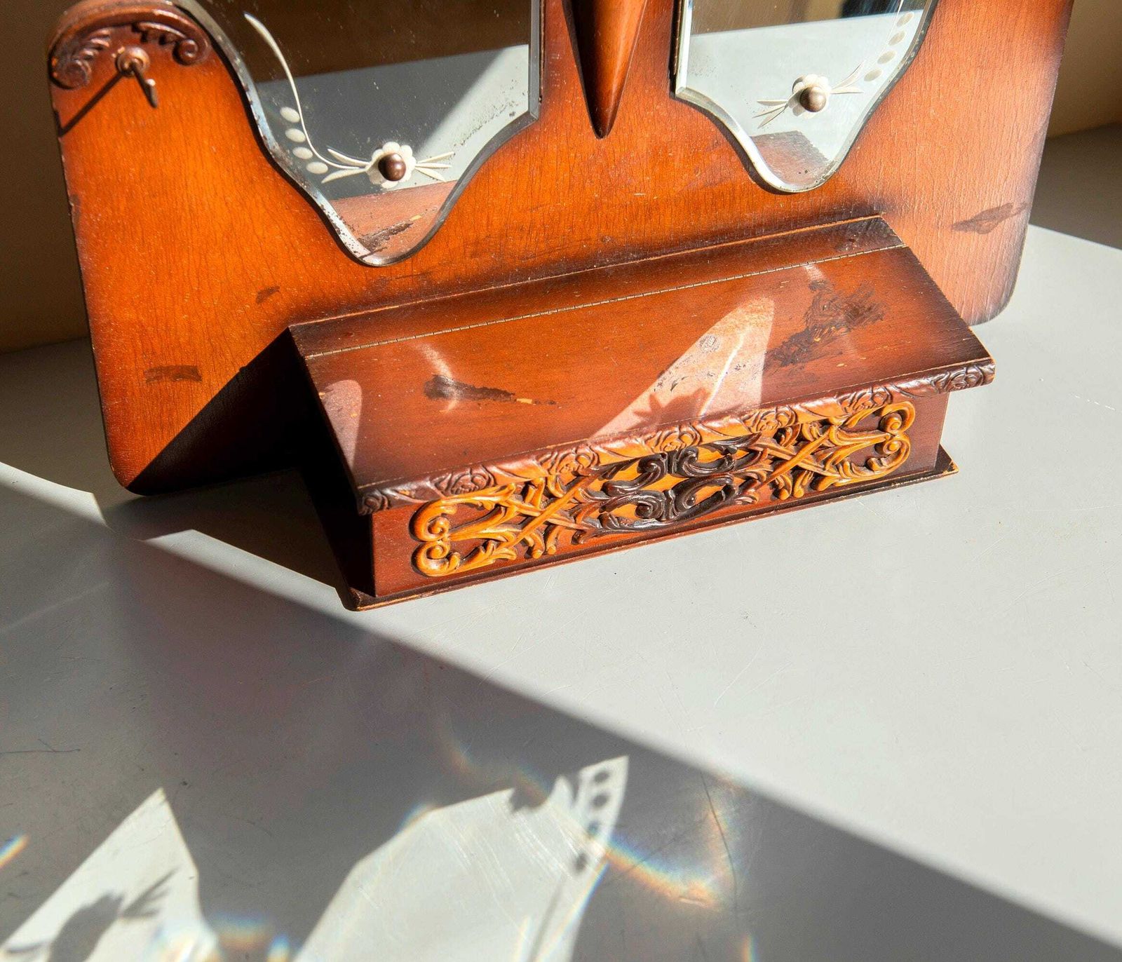 Vintage Butterfly Mirror Cabinet   Vanity Wall Cabinet   Carved Wood Shelf   Art Deco Storage Unit photo furniture